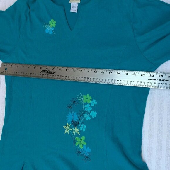 Artisan Top Womens XL Split Neck 3/4 Sleeve Flower Print Blouse Pullover Blue - Picture 5 of 6